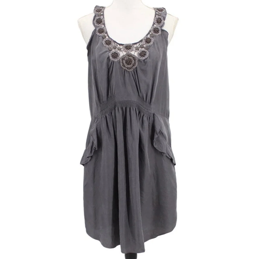 Rebecca Taylor Silk Beaded Embellished Sheath Dress Gray Pockets Scoop Neck 10 - Picture 1 of 7